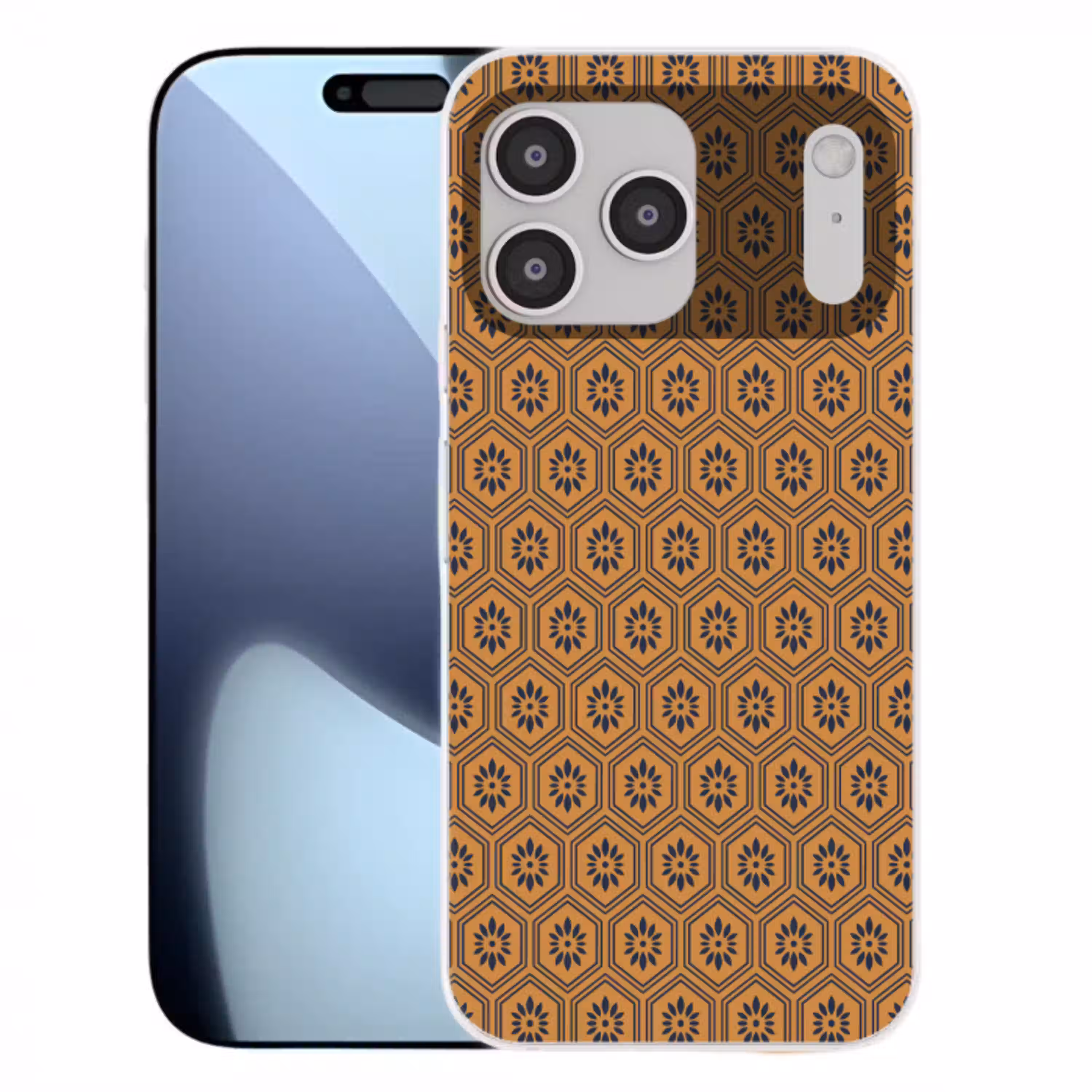 Okergeel - Patroon - Bloem - Donkerblauw Telefoonhoesje iPhone 17 Pro Max klein 879 -3d