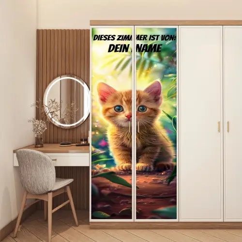 Süßes Kätzchen im Sonnenlicht mit Namensfeld. deurposter klein -sfeer3