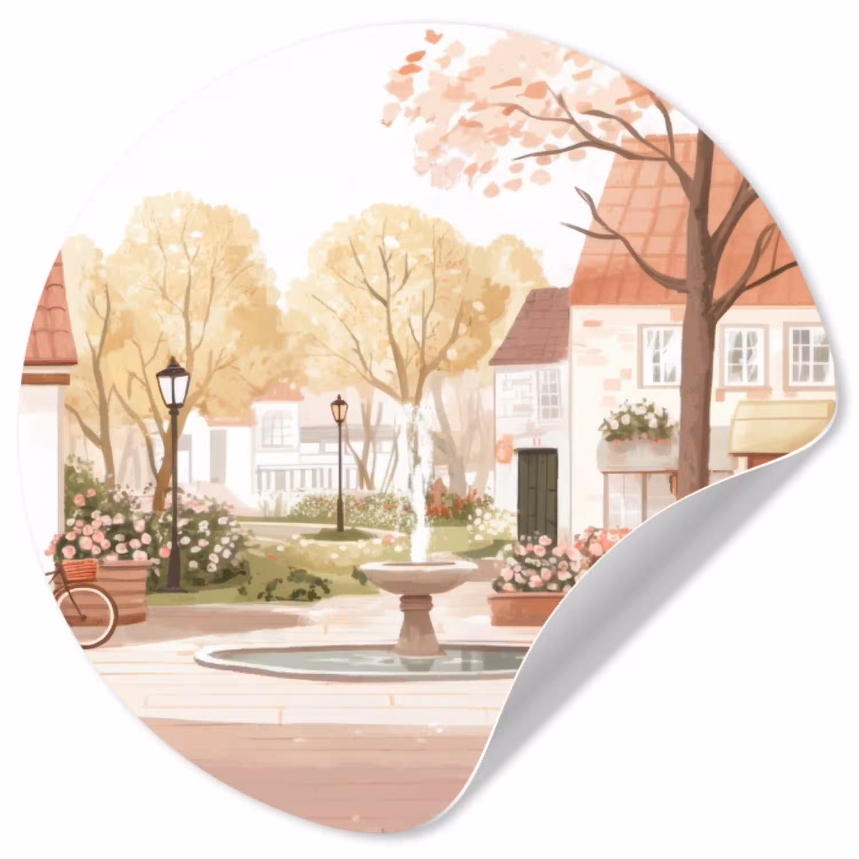 Dorpsplein - Fontein - Tulpen Wandcirkel behangsticker klein -3d