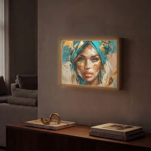 Vrouw - Portret - Goud - Luxe - Blauw Light Box met batterij (Wandlamp) middel -sfeer1