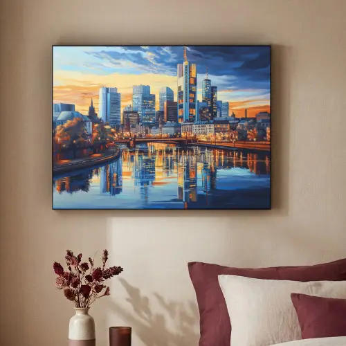 Zonsondergang Frankfurt - Stad - Skyline - Water Textielframe zwart klein -sfeer1