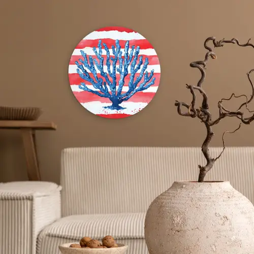Koraal - Verfstructuur - Rood - Blauw Wandcirkel kunststof plaat 5mm dik klein -sfeer1
