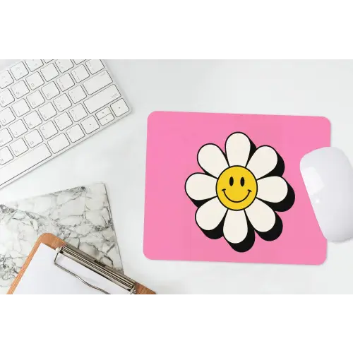 Smiley - Bloem - Roze muismat rubber klein -witbureau