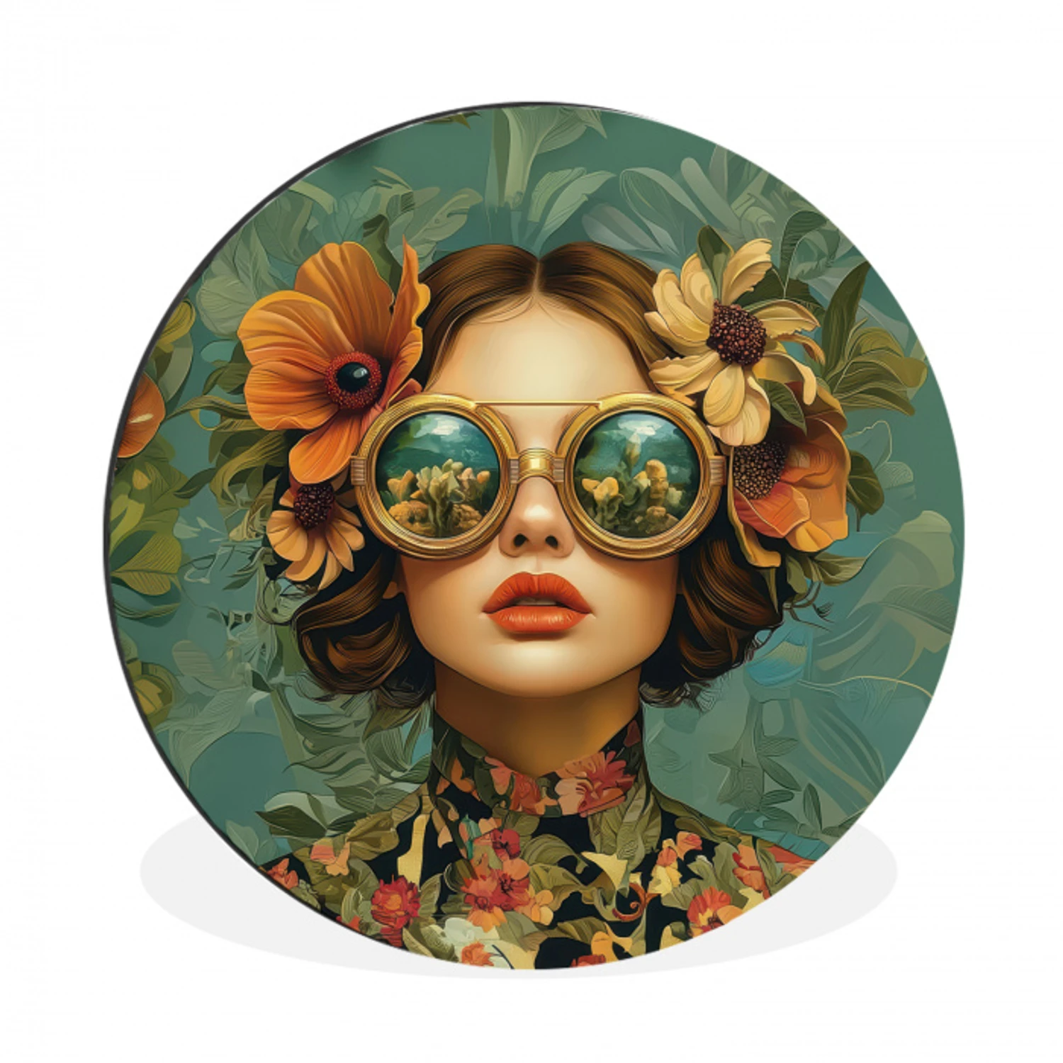 Vrouw - Bloemen - Vlinders - Natuur - Vintage Wandcirkel aluminium klein -3d