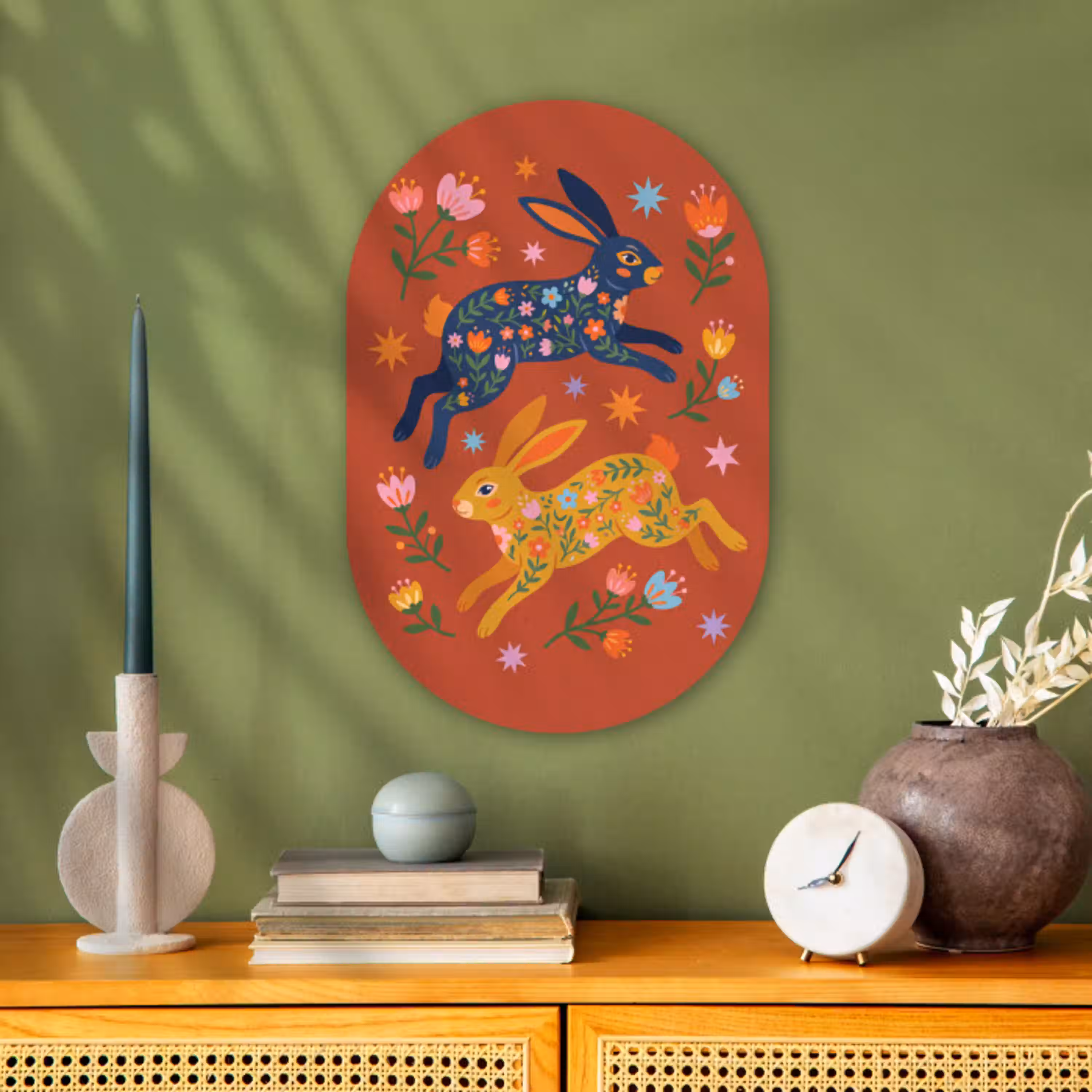 Konijn - Bloemen - Folk Art - Kleurrijk - Dieren Wandcirkel Ovaal Forex klein -sfeer2