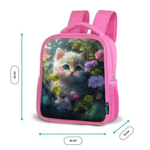 Kitten - Bloemen - Bos - Illustratie - Poes Kinderrugzak - Roze middel -productfoto_formaten