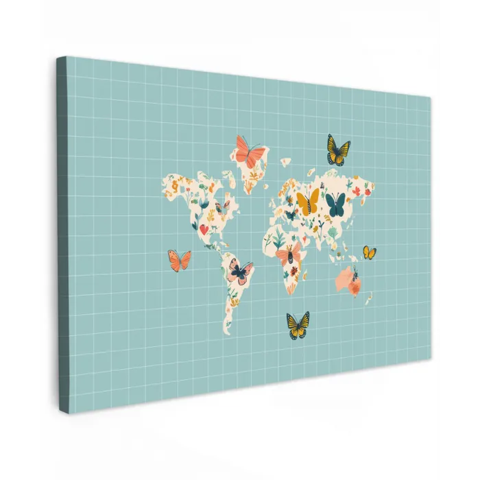 Wereldkaart - Vlinders - Dromerig Tuinposter op houten frame 2 cm dik klein -3d