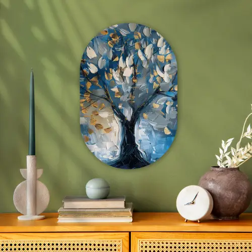 Boom - Blauw - Goud - Abstract Wandcirkel Ovaal Forex klein -sfeer2