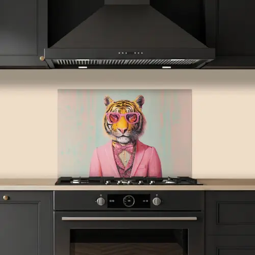 Tijger - Strik - Jasje - Roze keuken achterwand spatscherm klein -sfeer1