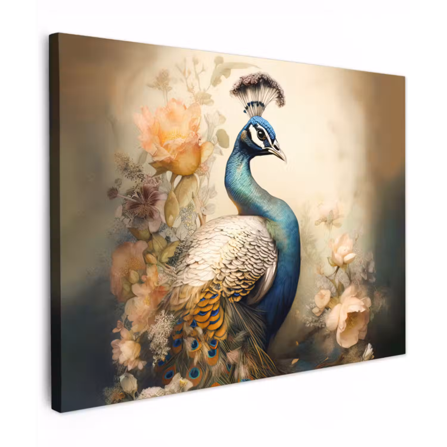Canvas schilderij - Pauw - Pauwenveren - Bloemen - Vogels - Botanisch