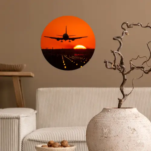 Zonsondergang - Vliegtuig - Oranje - Zon Wandcirkel behangsticker klein -sfeer1