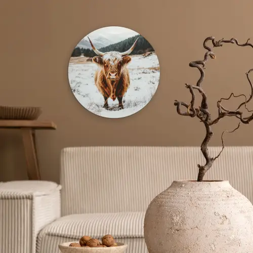 Schotse Hooglander - Landschap - Sneeuw - Bergen - Winter Wandcirkel kunststof plaat 5mm dik klein -sfeer1