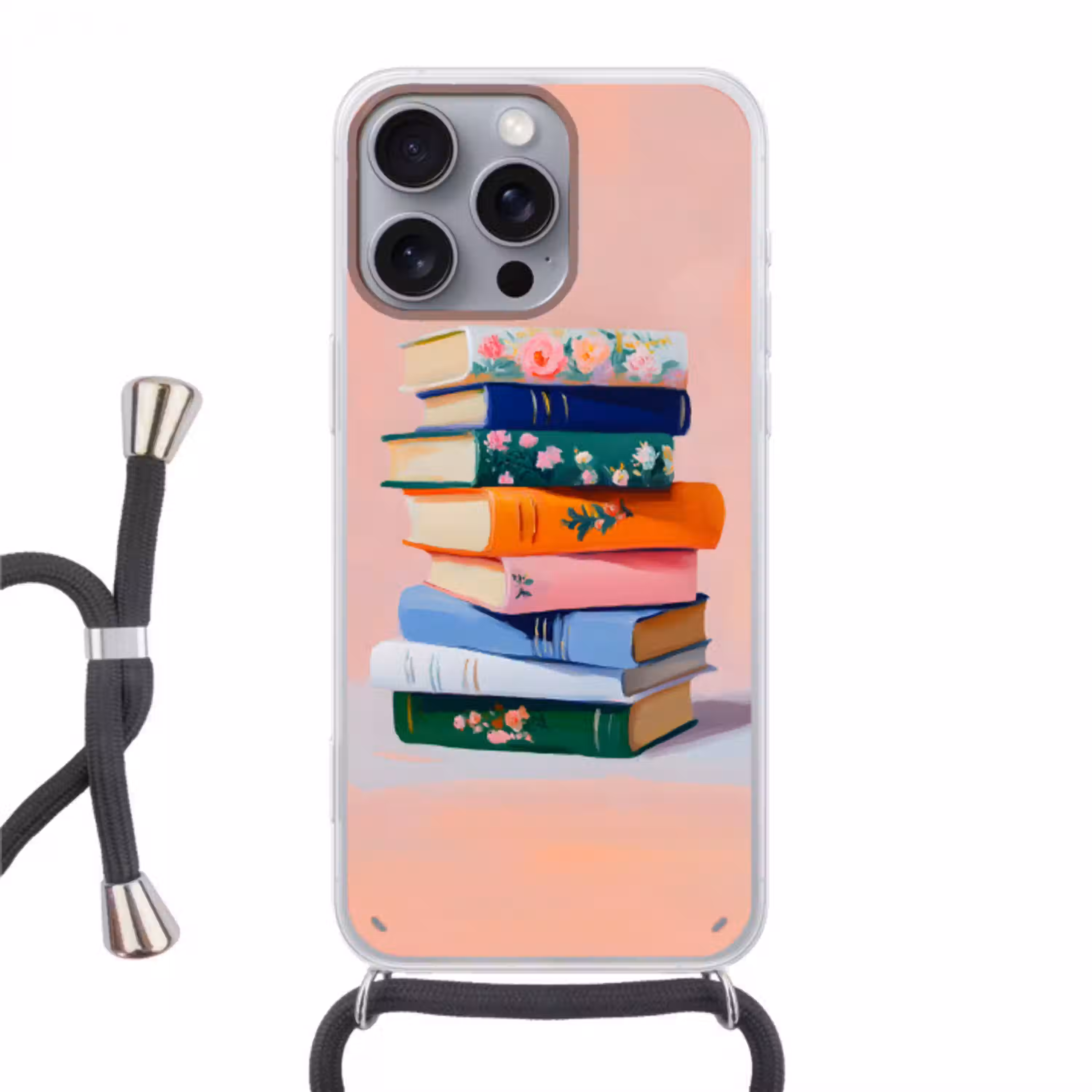 Boeken - Stapel - Kleurrijk Hoesje iPhone 16 Pro Max met koord klein -3d