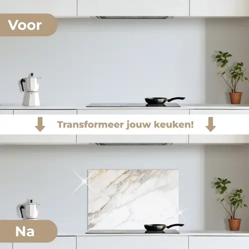 Marmer - Steen - Wit - Goud - Marmerlook - Steen - Luxe keuken achterwand spatscherm klein -voor_na_NL