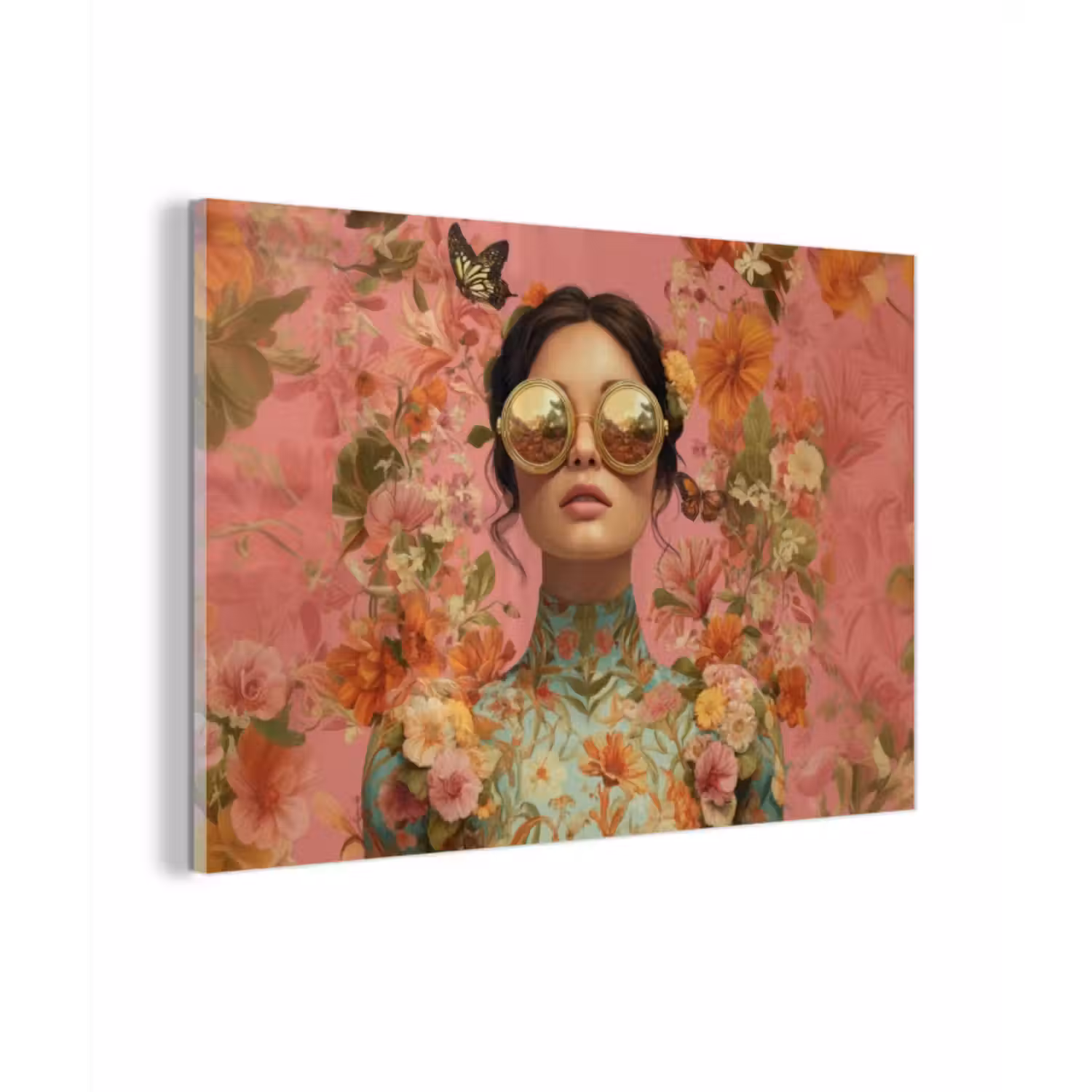 Glas schilderij - Vrouw - Bril - Roze - Bloemen