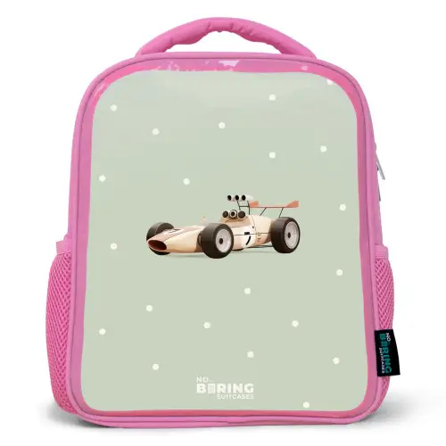 Beige retro raceauto op groene stippen achtergrond Kinderrugzak - Roze middel -3d