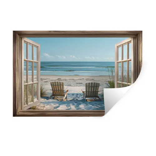 Doorkijk - Strandstoelen - Duinen - Zee - Natuur Muursticker klein -3d
