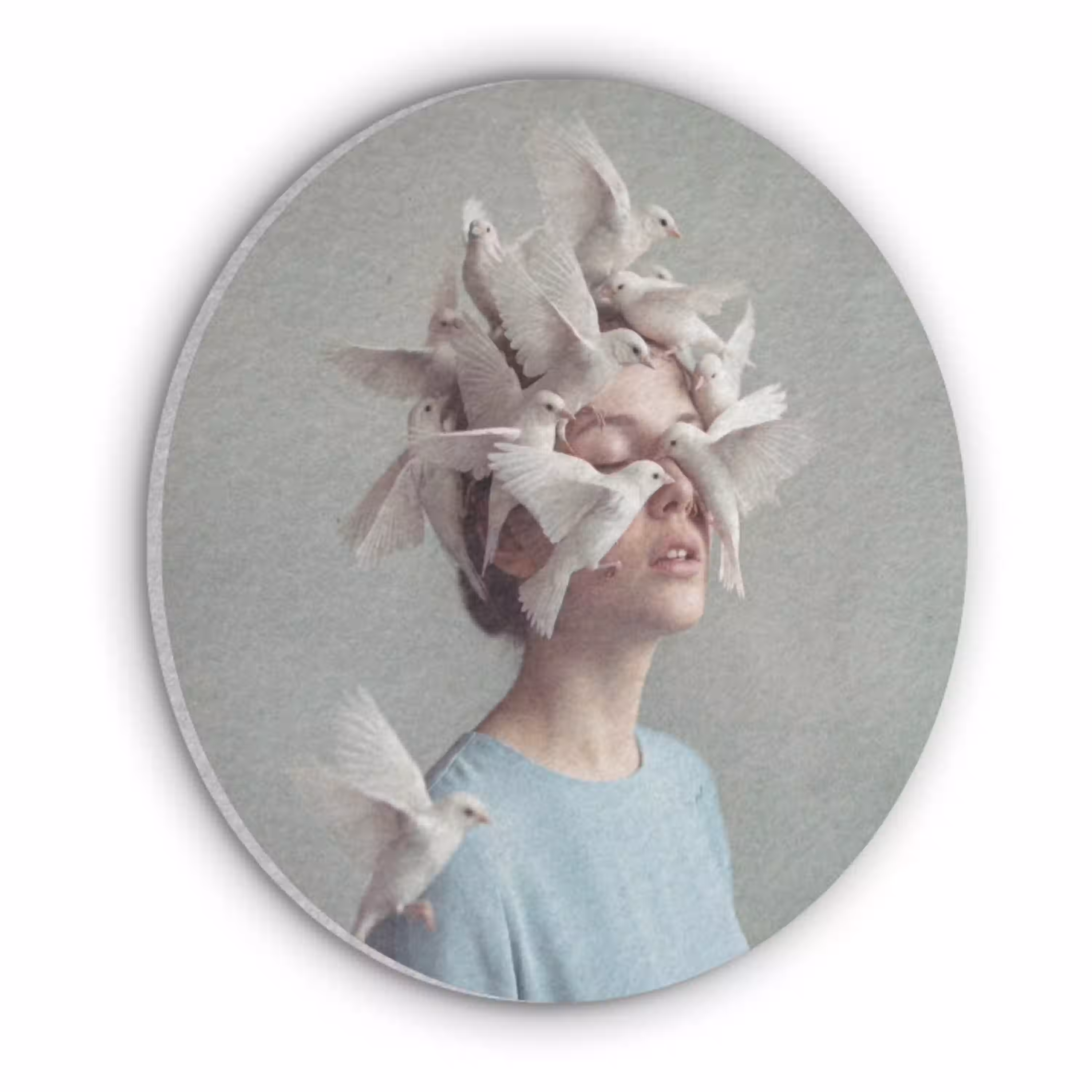 Vrouw - Vogels - Abstract - Modern - Wit Akoestische PET Vilt - Rond klein -3d