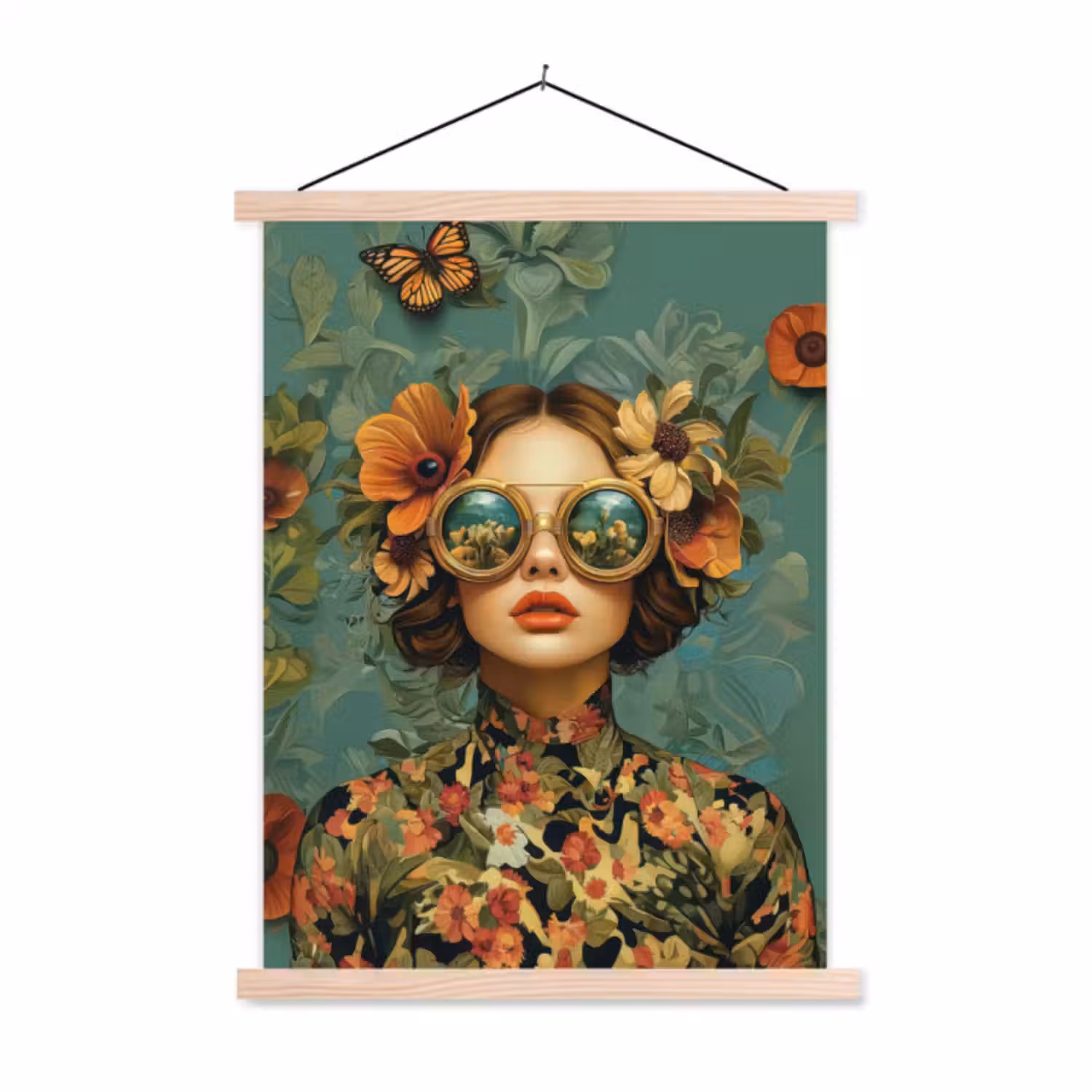 Schoolplaat -  Vrouw - Bloemen - Vlinders - Natuur - Vintage