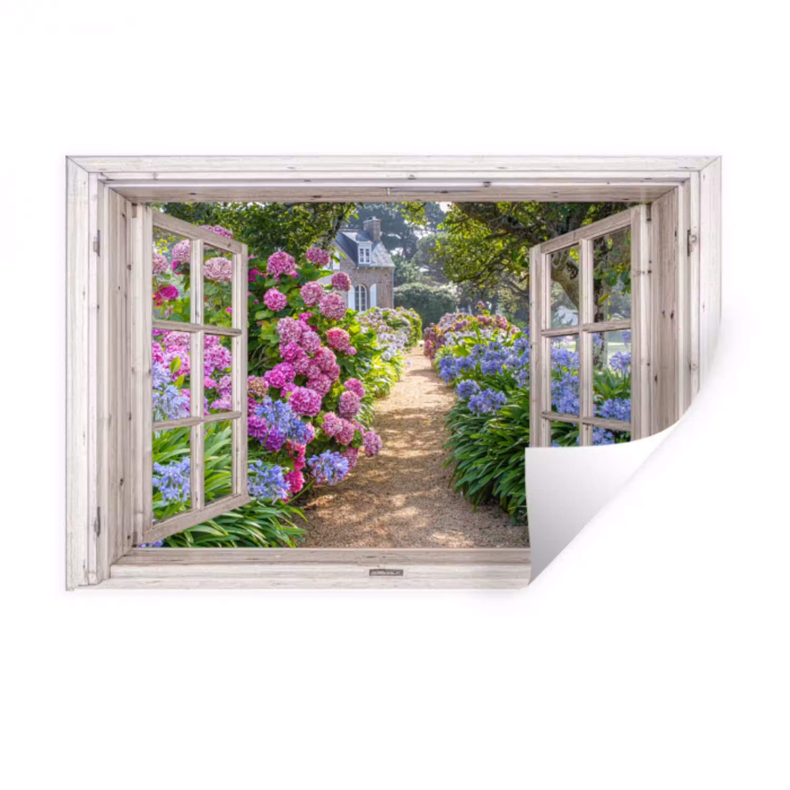 Hortensia - Doorkijk - Bloemen - Zomer - Paars - Pad Muursticker klein -3d