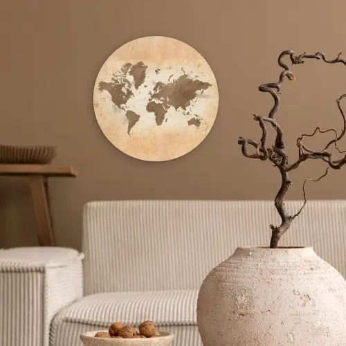 Wereldkaart - Beige - Bruin Wandcirkel plexiglas klein -sfeer1