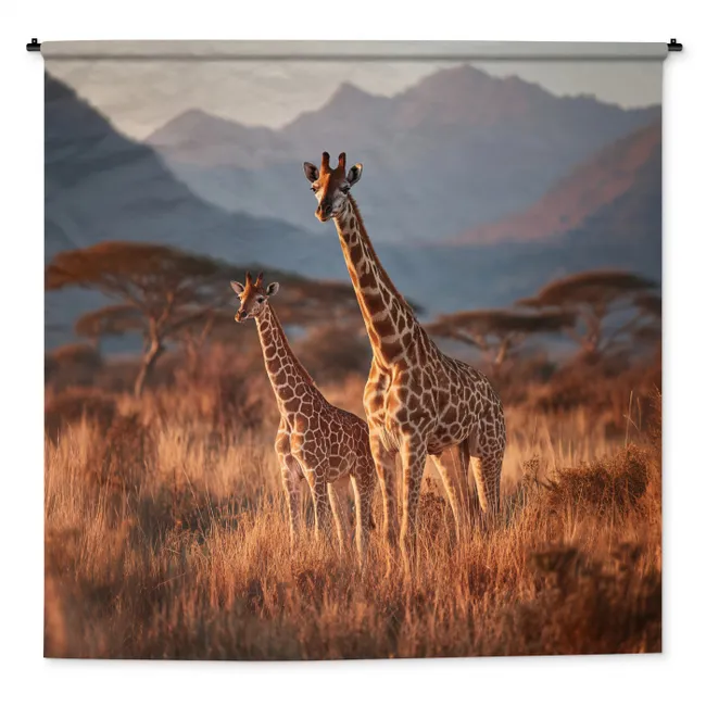 Wandkleed - Giraffen - Hoog gras - Acaciabomen