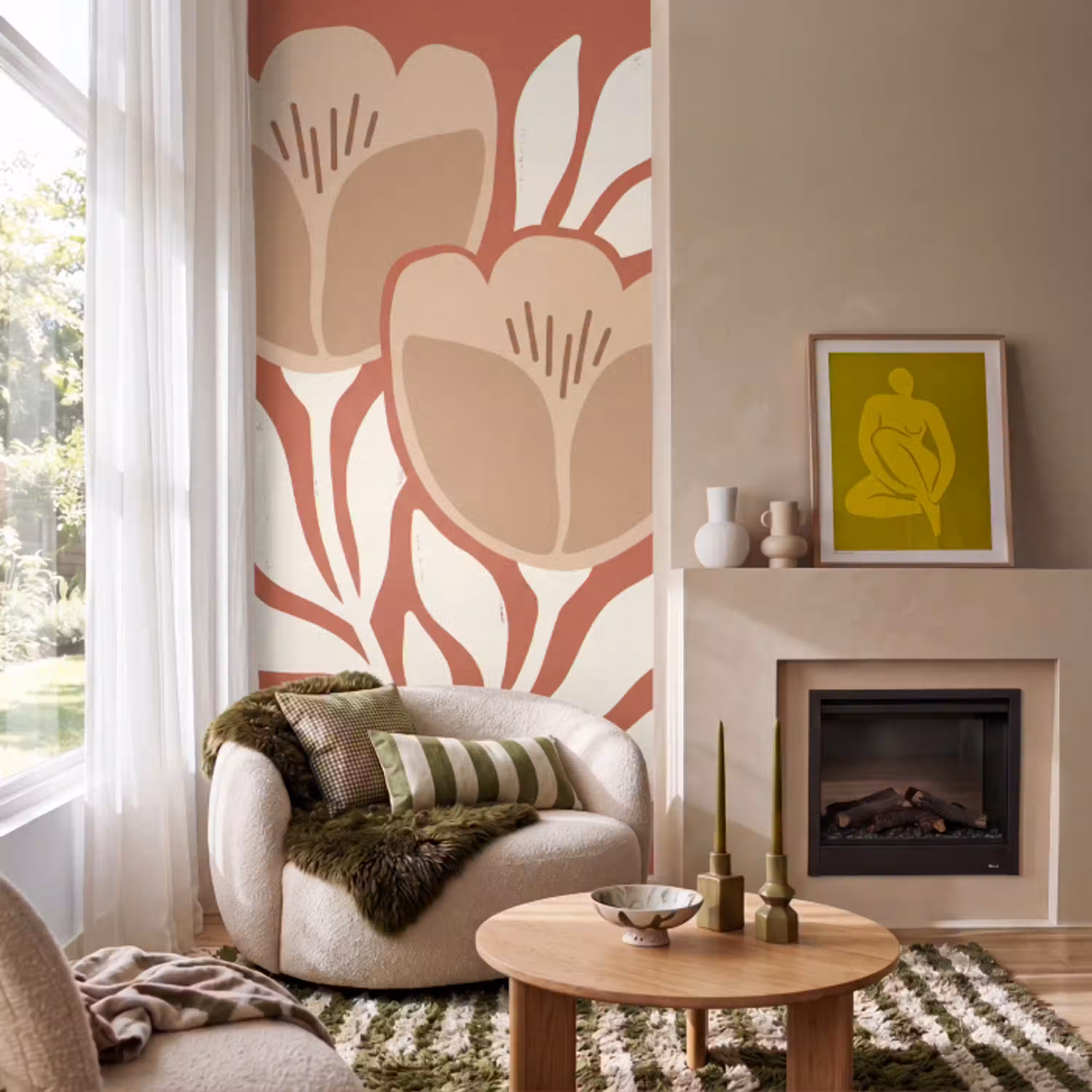 Bloemen - Abstract - Modern - Beige - Natuur Behang Vlies klein -sfeer2