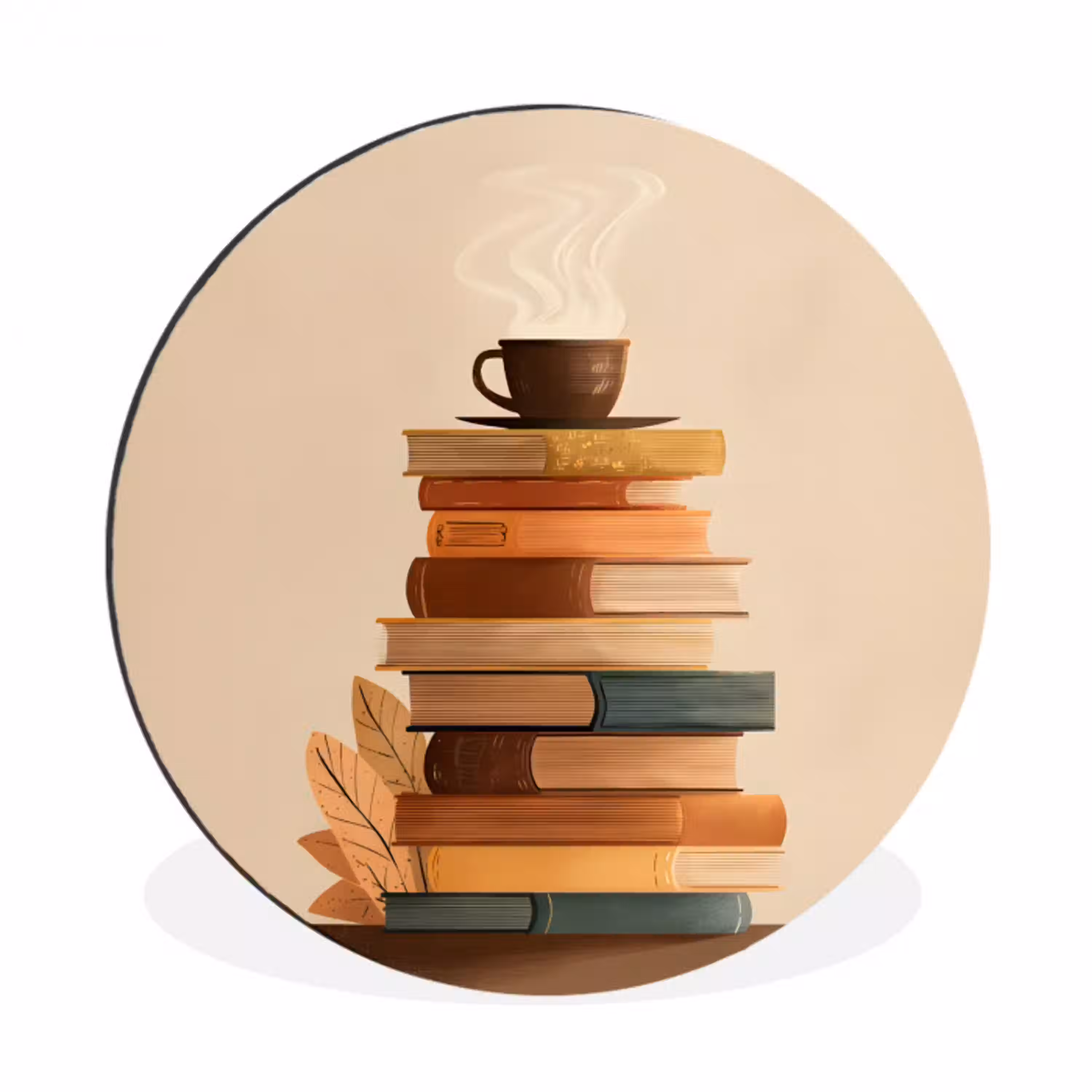 Boeken - Toren - Koffie - Beige Wandcirkel aluminium klein -3d