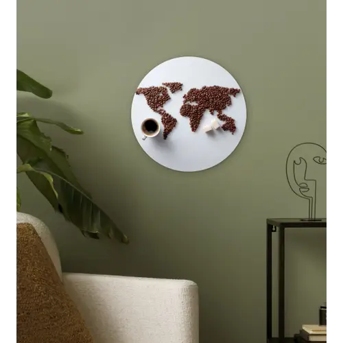 Wereldkaart - Koffiebonen - Suikerklontjes Wandcirkel kunststof plaat 5mm dik klein -sfeer3