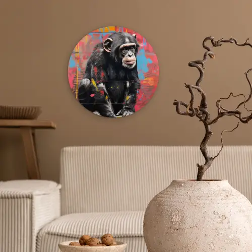 Graffiti - Chimpansee - Dieren - Street art - Banksy Wandcirkel kunststof plaat 5mm dik klein -sfeer1