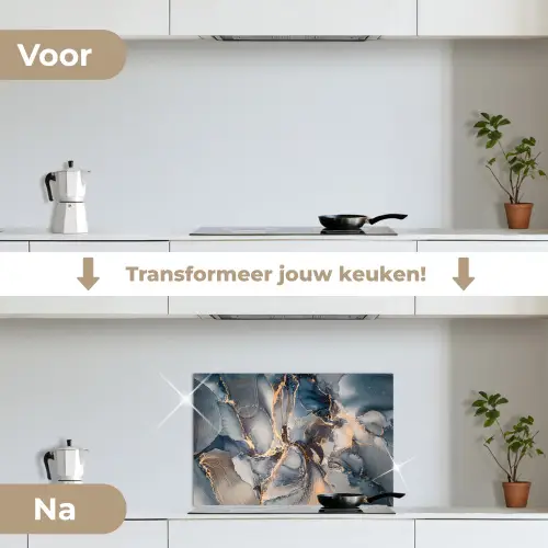 Marmer - Grijs - Blauw - Luxe - Goud keuken achterwand spatscherm klein -voor_na_NL