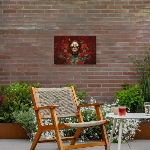 Bloemen - Dieprood - Zonnebril - Vrouw Tuinposter op houten frame 2 cm dik klein -sfeer3