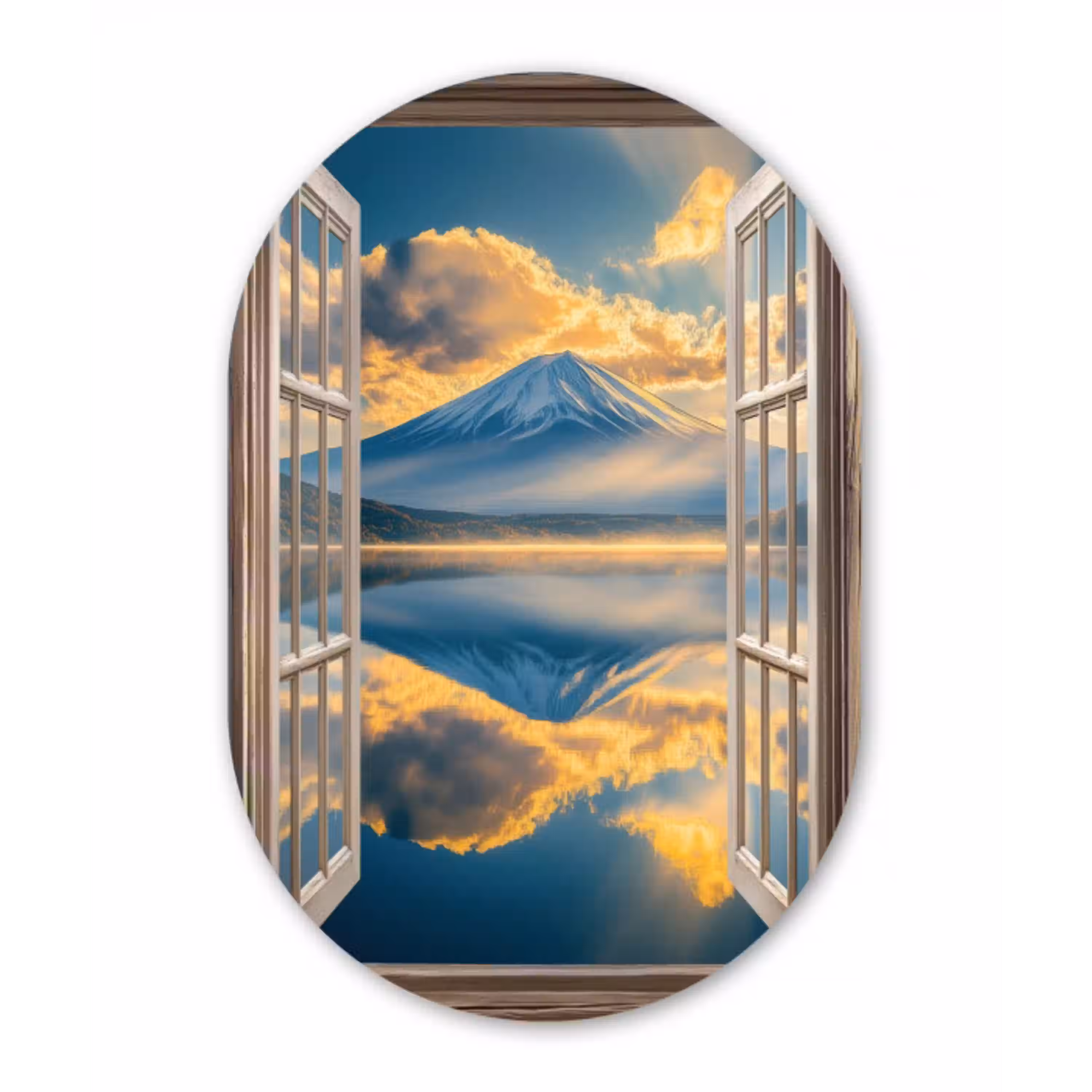 Doorkijk - Landschap - Bergen - Uitzicht - Raam Wandcirkel Ovaal Aluminium middel -3d