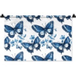 Blauw - Vlinders - Bloemen - Wit Wandkleed katoen klein 269 -zz3d