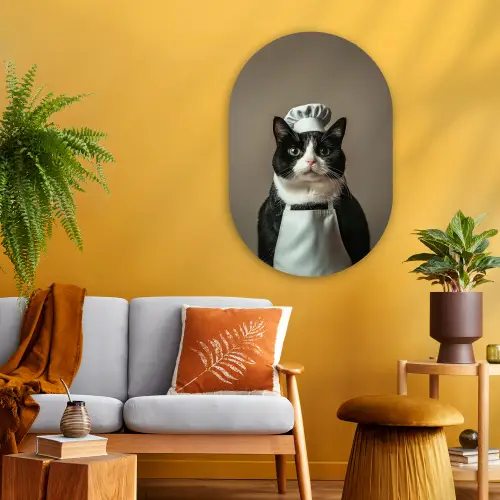 Kat - Kokskleding - Zwart - Wit Wandcirkel Ovaal Glas middel -sfeer4