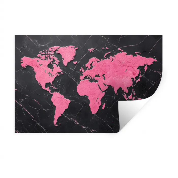 Wereldkaart - Roze - Marmer Muursticker klein -3d