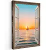 Doorkijk - Zee - Boot - Zonsondergang Tuinposter op houten frame 2 cm dik klein -3d