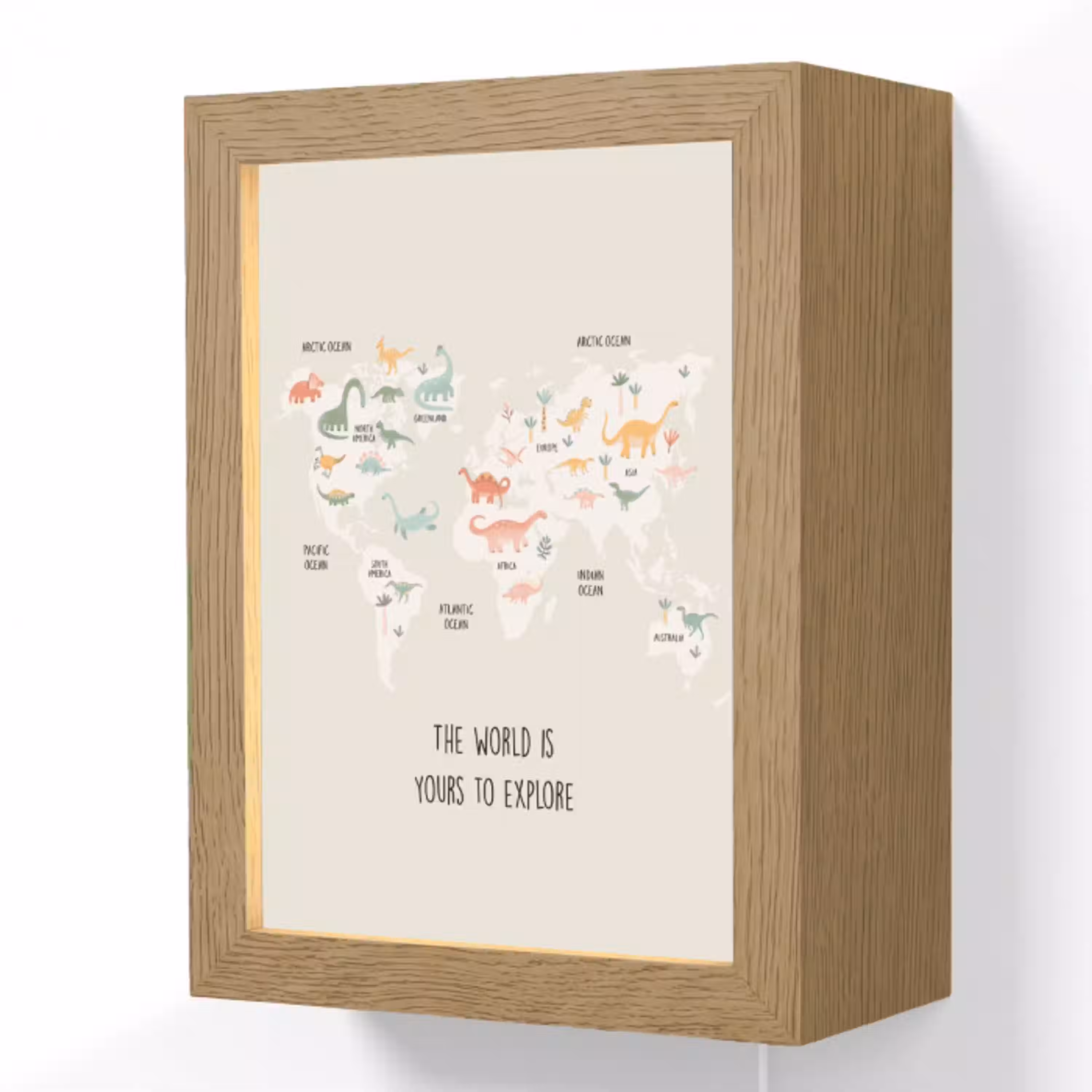 Wereldkaart - Dino - Kinderen - Dinosaurus Light Box met kabel (Wandlamp kind) klein -3d