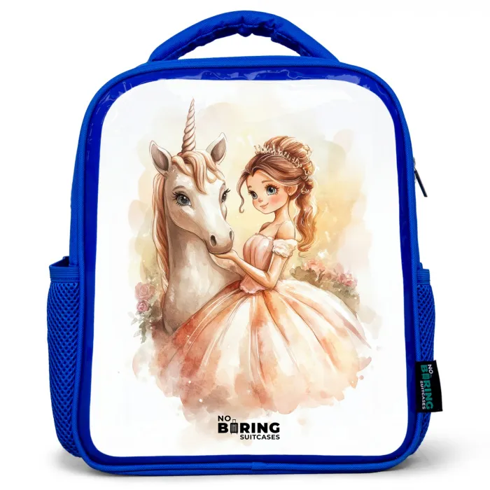 Prinses in jurk met witte eenhoorn Kinderrugzak - Blauw middel -3d