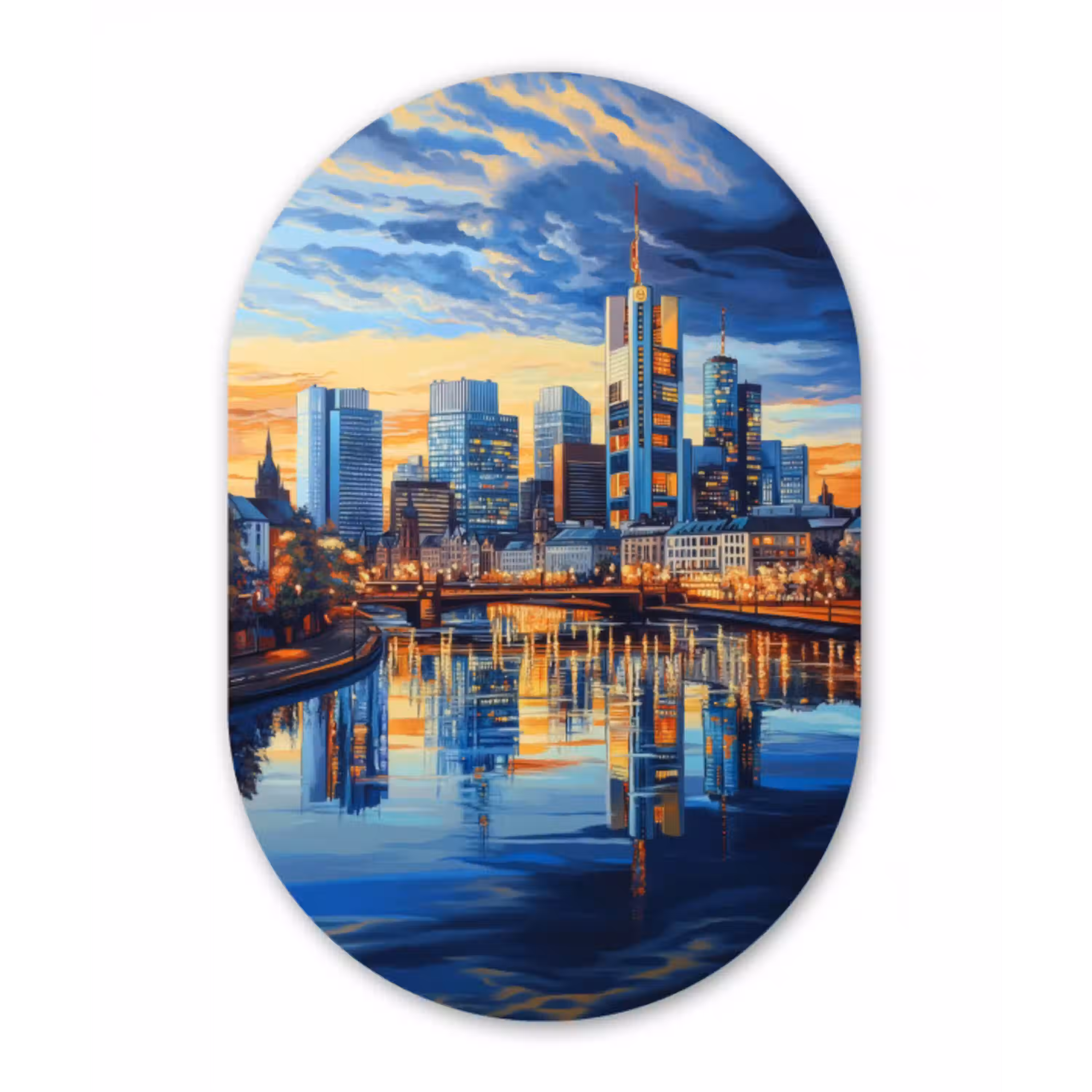 Zonsondergang Frankfurt - Stad - Skyline - Water Wandcirkel Ovaal Aluminium middel -3d