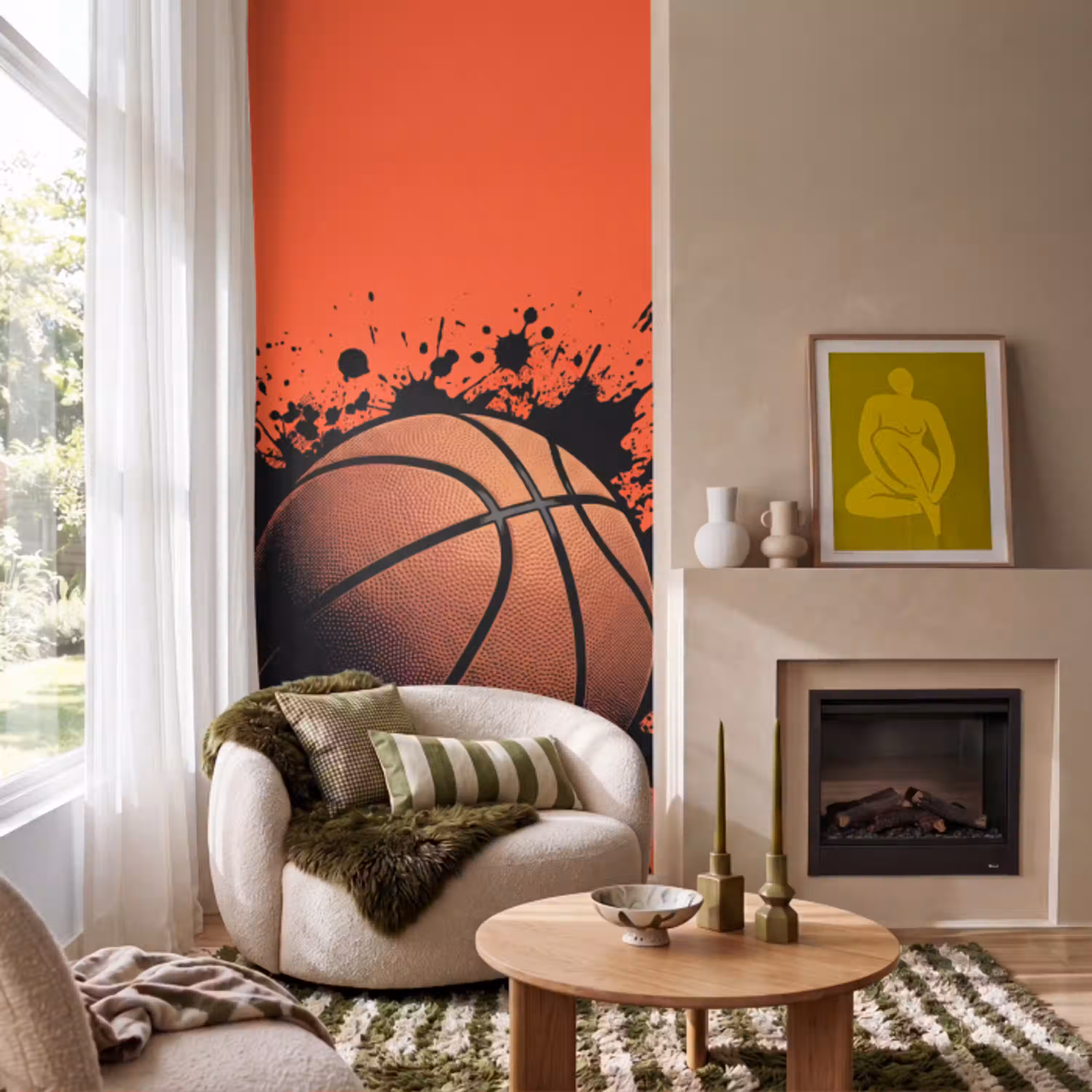 Basketbal - Verf - Sport - Oranje Behang Vlies klein -sfeer2