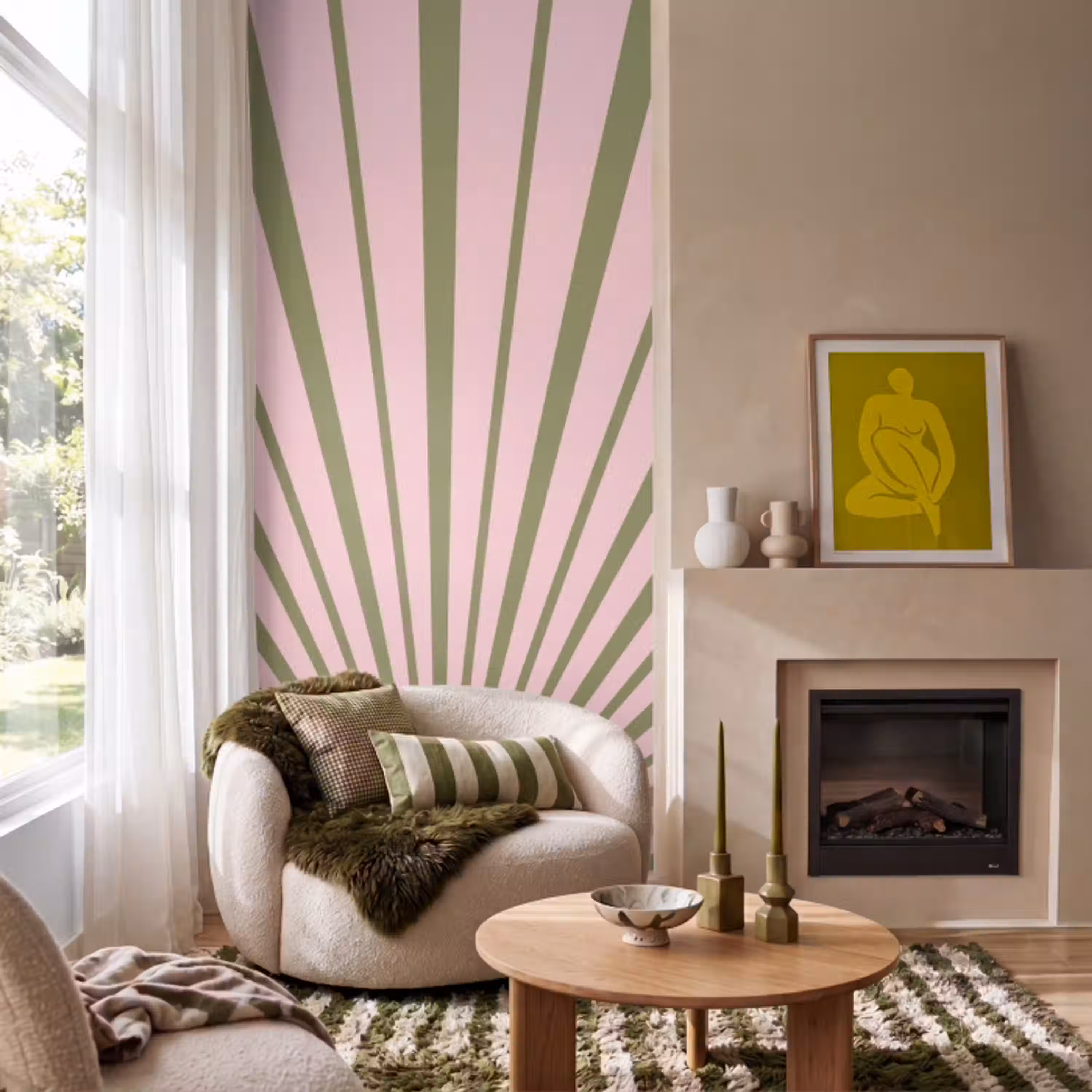 Abstract - Stralen - Grafisch - Roze - Groen Behang Vlies klein -sfeer2