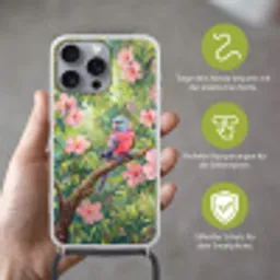 Papagaai - Hibiscusbloemen - Kleurrijk Hoesje iPhone 16 Pro Max met koord klein -sfeer2_DE