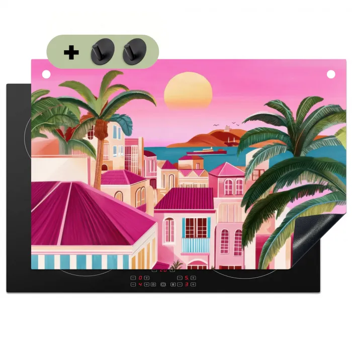 Stad - Roze - Palmbomen Inductie beschemer met haakjes klein -3d