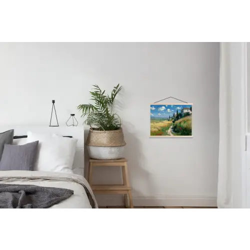 Zandpad - Huis - Bomen - Grasveld textielposter latten blank klein -woonkamer