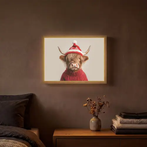 Schotse Hooglander - Kerst - Muts - Trui - Winter Light Box met batterij (Wandlamp) middel -sfeer4