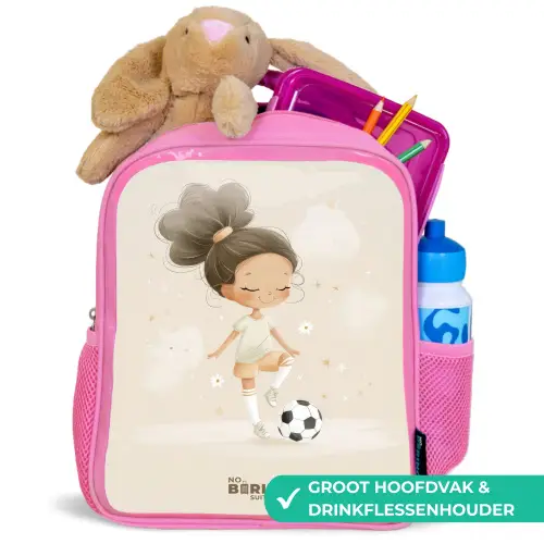 Meisje met een voetbal in beige kleuren Kinderrugzak - Roze middel -inhoud_NL