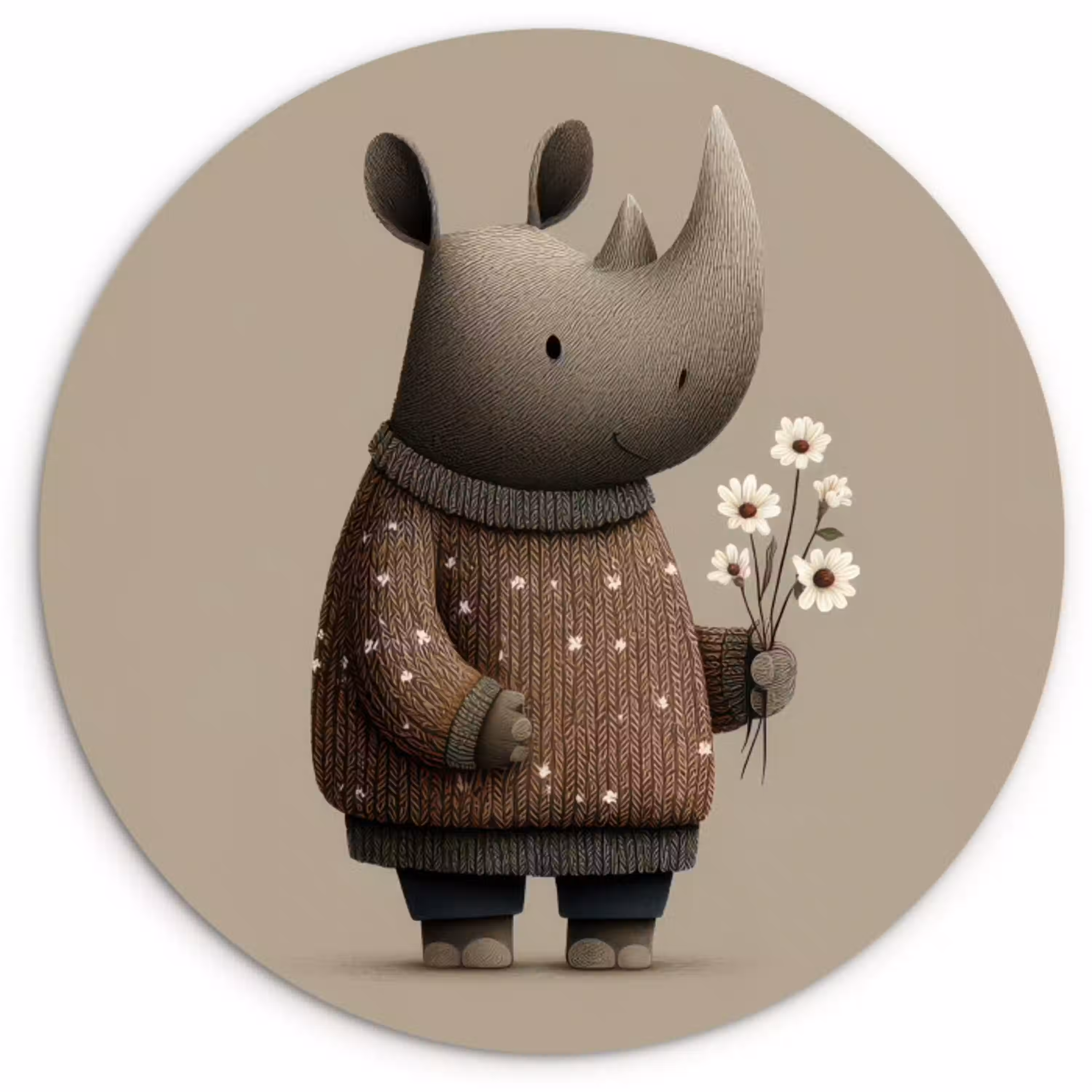 Neushoorn - Witte bloemen - Lief Wandcirkel kunststof plaat 5mm dik klein -3d