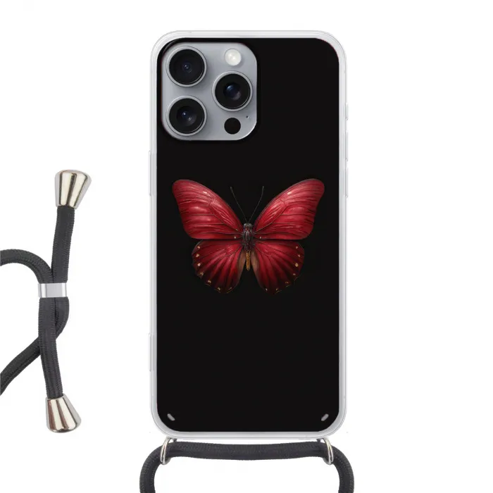 Vlinder - Rood - Minimalistisch Hoesje iPhone 16 Pro Max met koord klein -3d