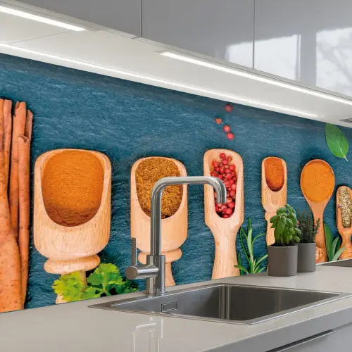 Lepels - Hout - Kruiden - Specerijen keuken achterwand 2 middel -3d_schuin